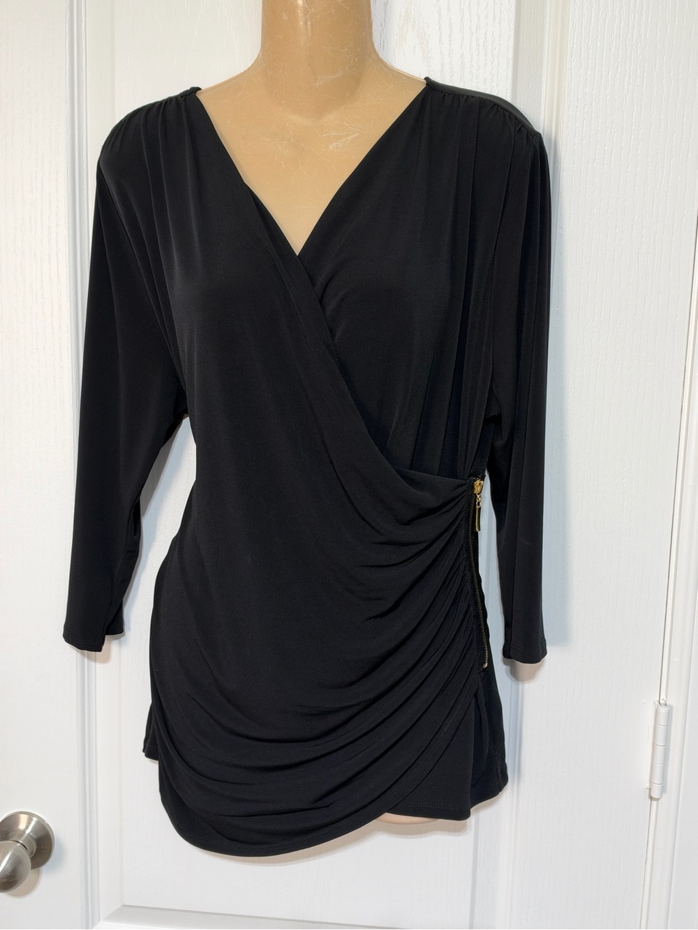 Ellen Tracy Black Long-Sleeve Draped Wrap Top